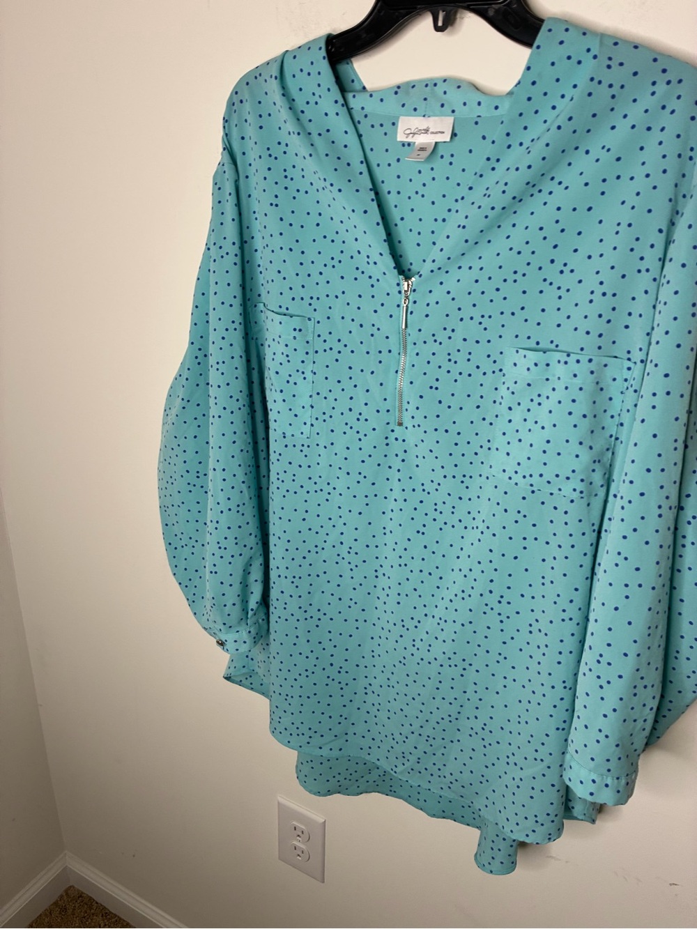 Jacklyn Smith Office Wear Teal Tunic with Navy Dot Zip Front Comfy Blouse 3X